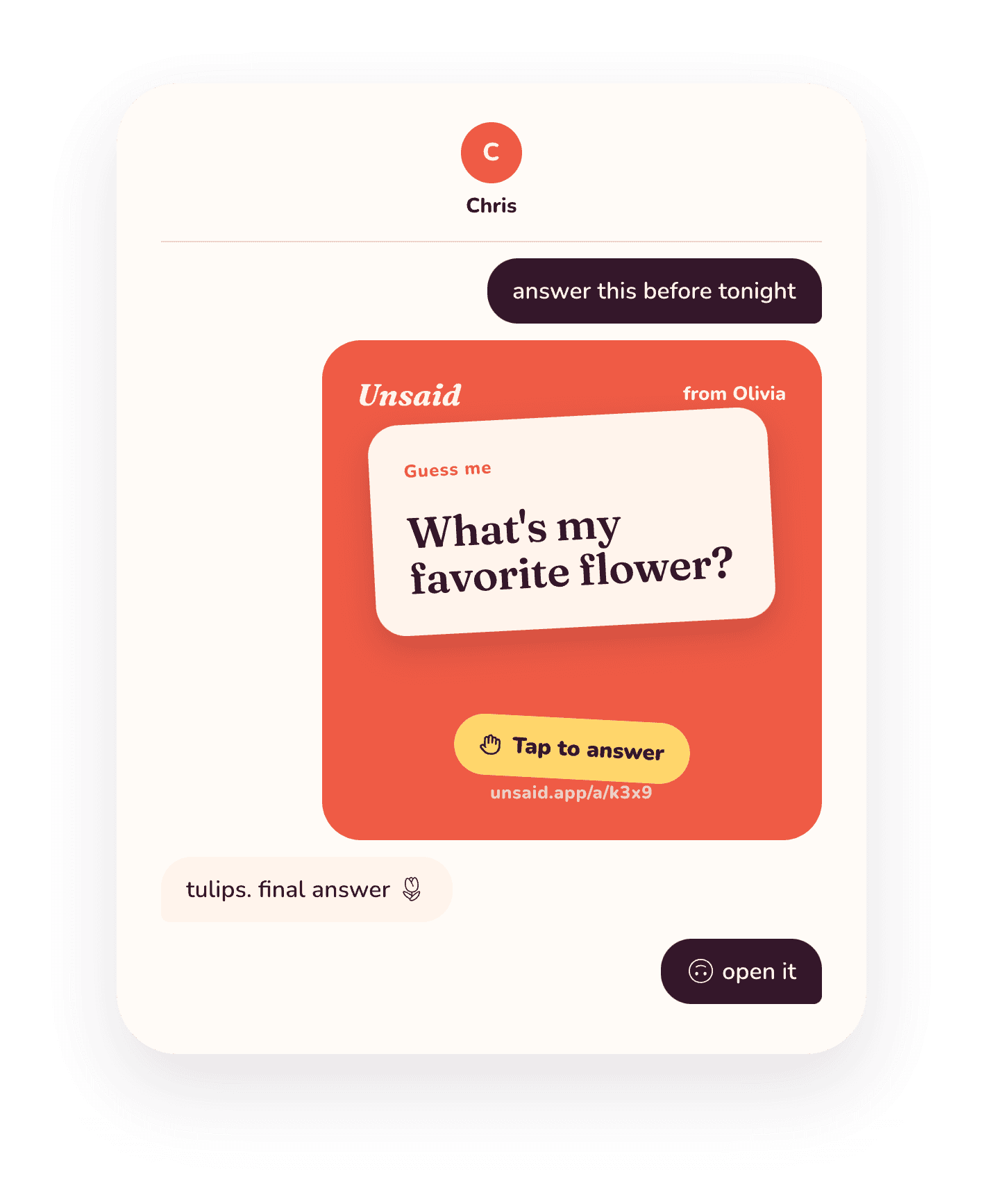 A question card sent in a chat, with a Tap to answer button.