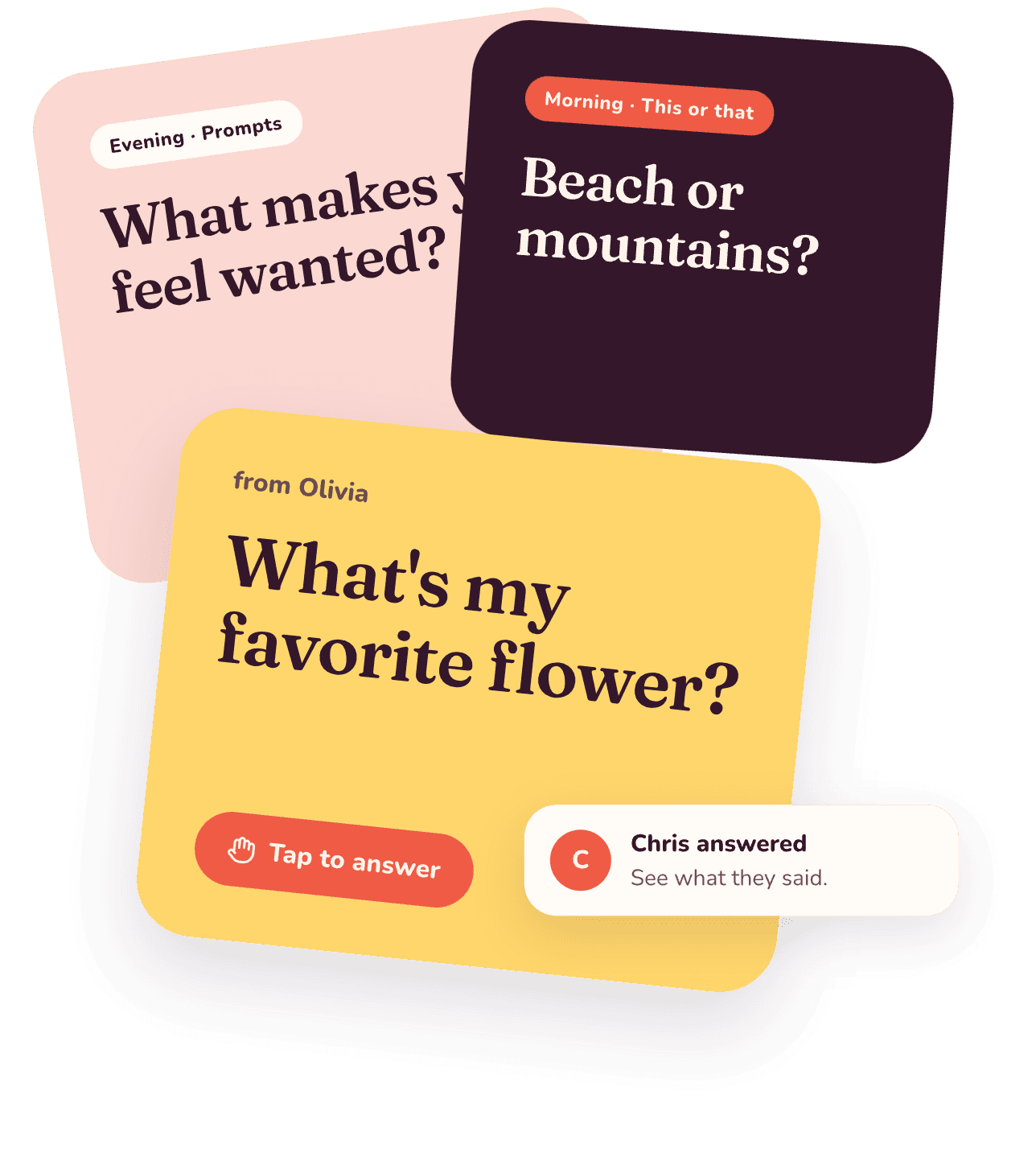Question cards: What makes you feel wanted? Beach or mountains? What's my favorite flower?