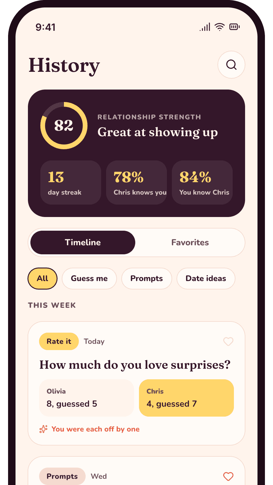 Your shared history: relationship strength, streak and every answer.