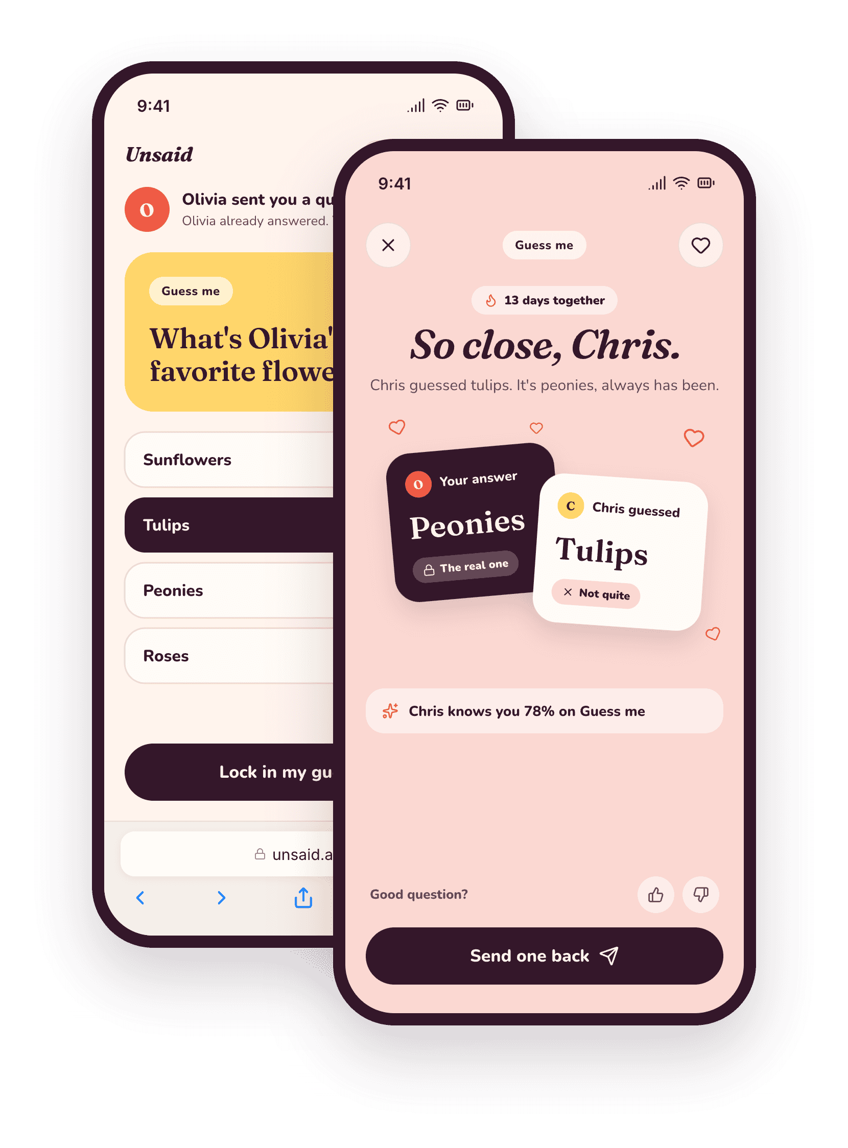 Your partner answers on the web, then you both see the reveal in the app.